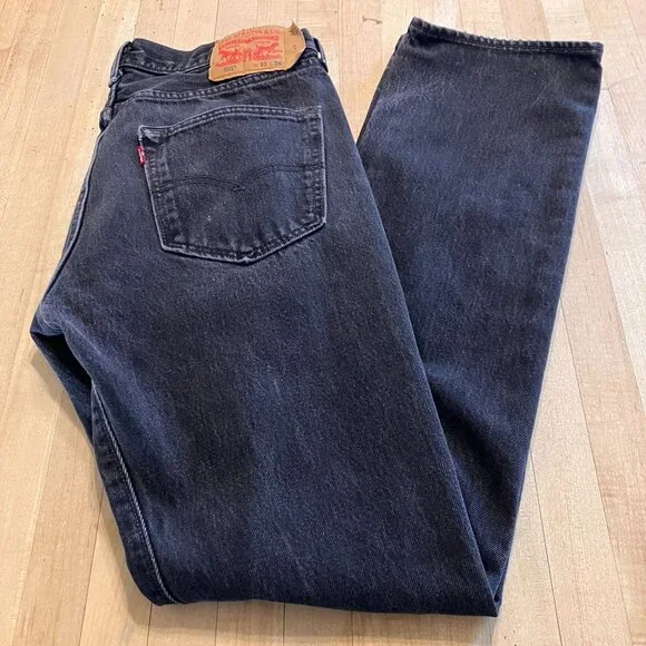 LEVI'S 501 Mens Vintage Button Fly Distressed Red Tab Jeans 33x34 Black AN EXC - Picture 11 of 12